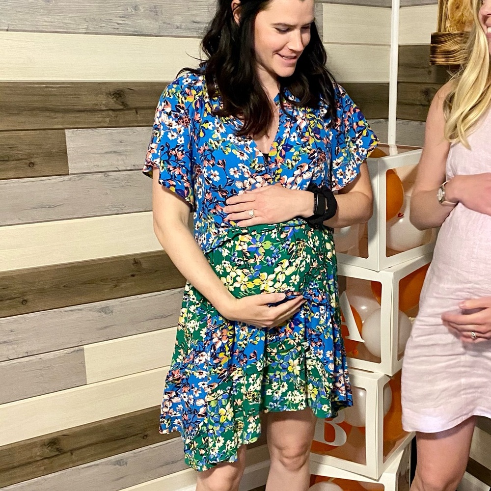Anthropologie Floral V-Neck Mini Dress in Blue and Green Size Medium